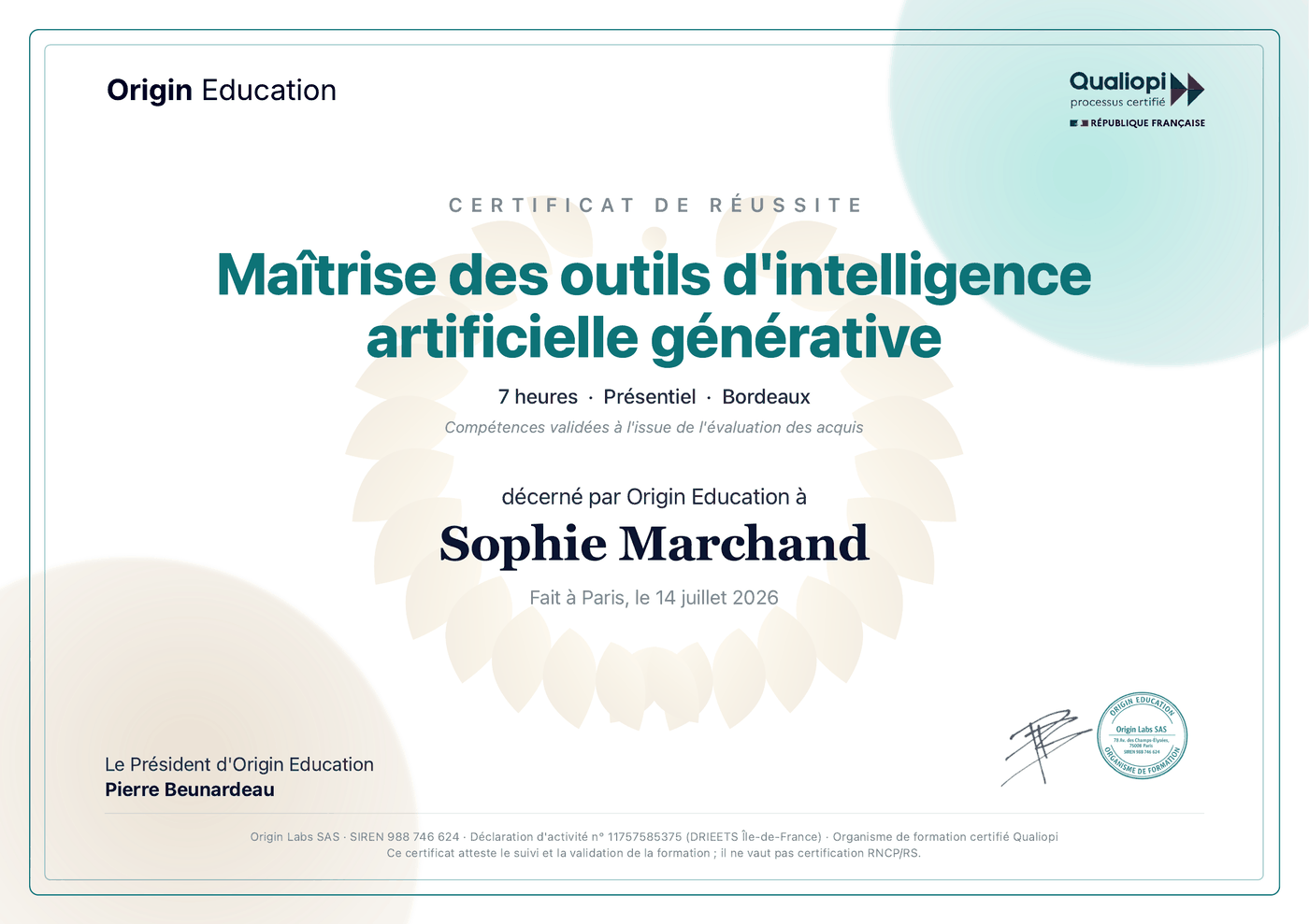 Certificat de réussite Origin Education (modèle)