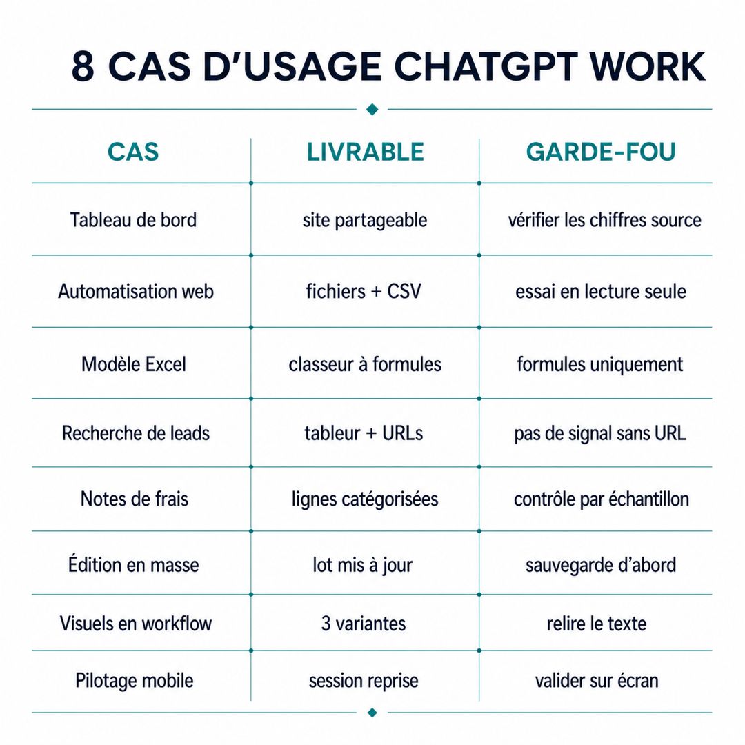 Tableau des huit cas d'usage de ChatGPT Work : livrable obtenu et garde-fou pour chacun
