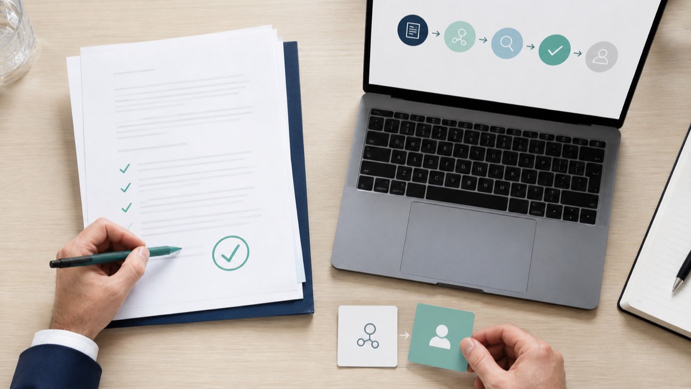 Vue de dessus d'un professionnel vérifiant un document produit par l'IA, avec un point de validation explicite et un workflow sur ordinateur