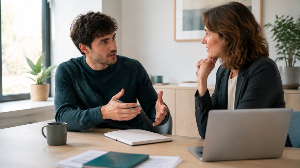 Une nouvelle recrue explique son raisonnement à une tutrice dans un bureau lumineux, avec un ordinateur à côté