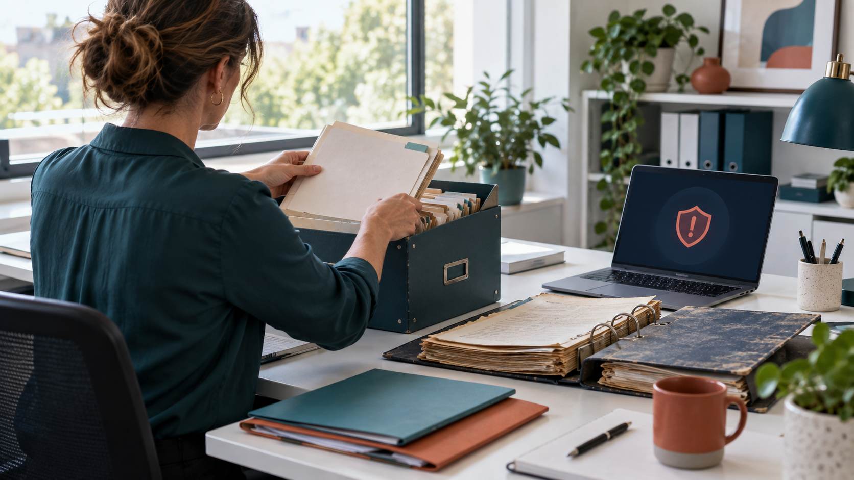 Photo éditoriale : une responsable d'organisme de formation trie des dossiers apprenants papier dans un bureau clair, un classeur ouvert sur des fiches anciennes, un ordinateur portable affiche une alerte discrète, lumière naturelle