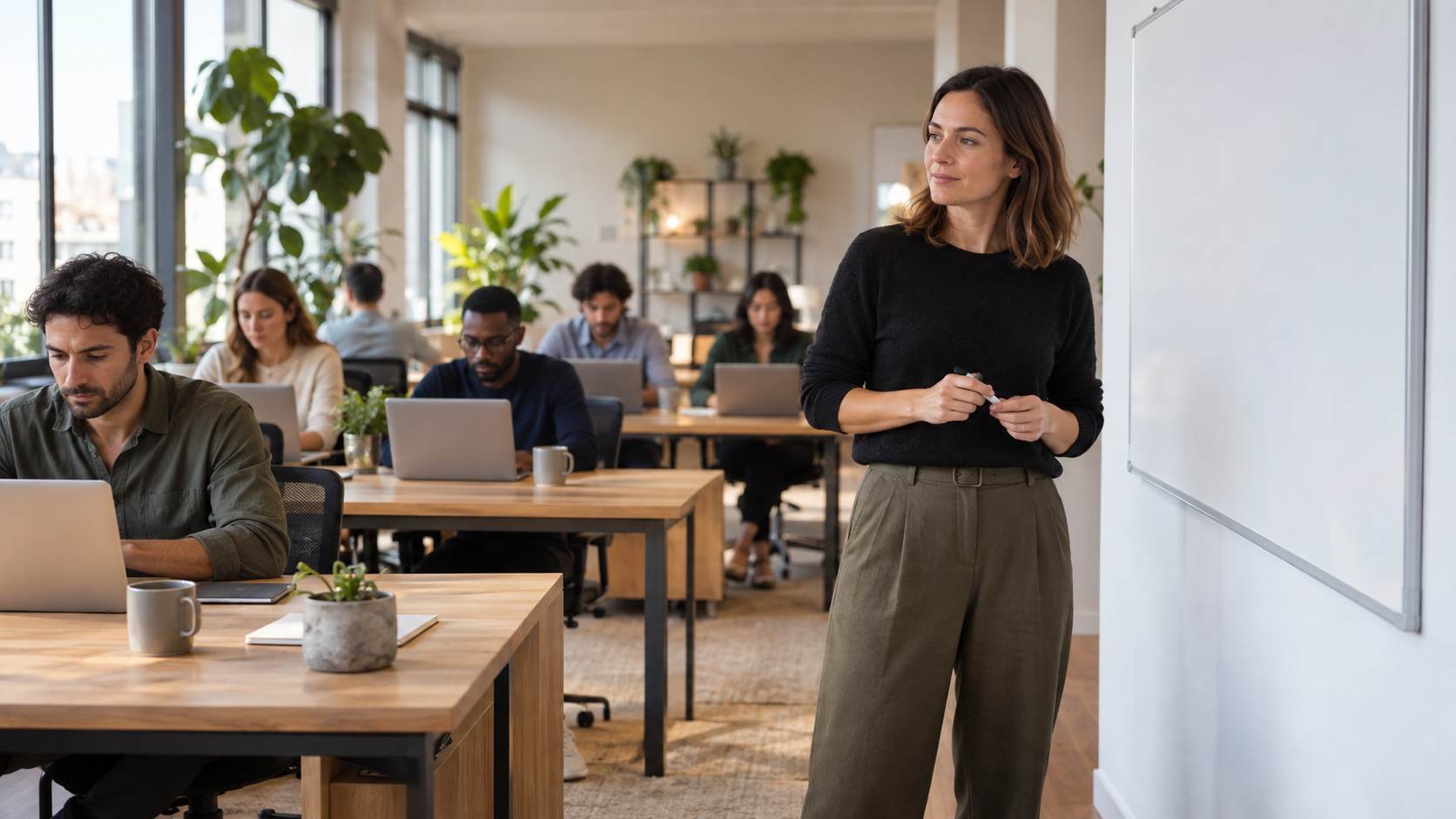 Huit collaborateurs à leurs postes dont les écrans affichent des horloges, et au centre un grand panneau vide qui attend une consigne, illustration synthétique