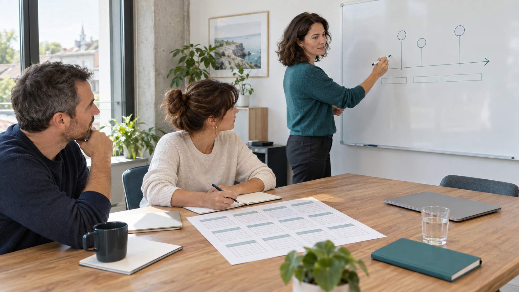 Une dirigeante présente un planning de formation à trois collègues autour d'une table de réunion lumineuse, illustration synthétique