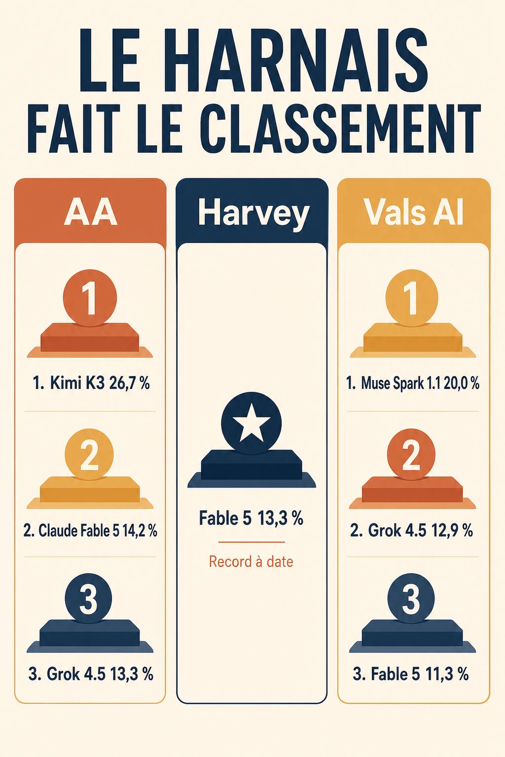 Trois classements du même benchmark côte à côte : Artificial Analysis, Harvey et Vals AI donnent trois podiums différents
