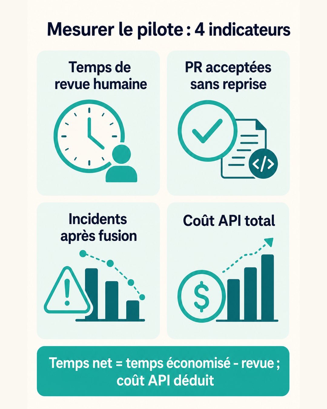 Les quatre indicateurs du pilote : temps de revue humaine, pull requests acceptées sans reprise, incidents après fusion, coût API total, avec la formule du temps net gagné