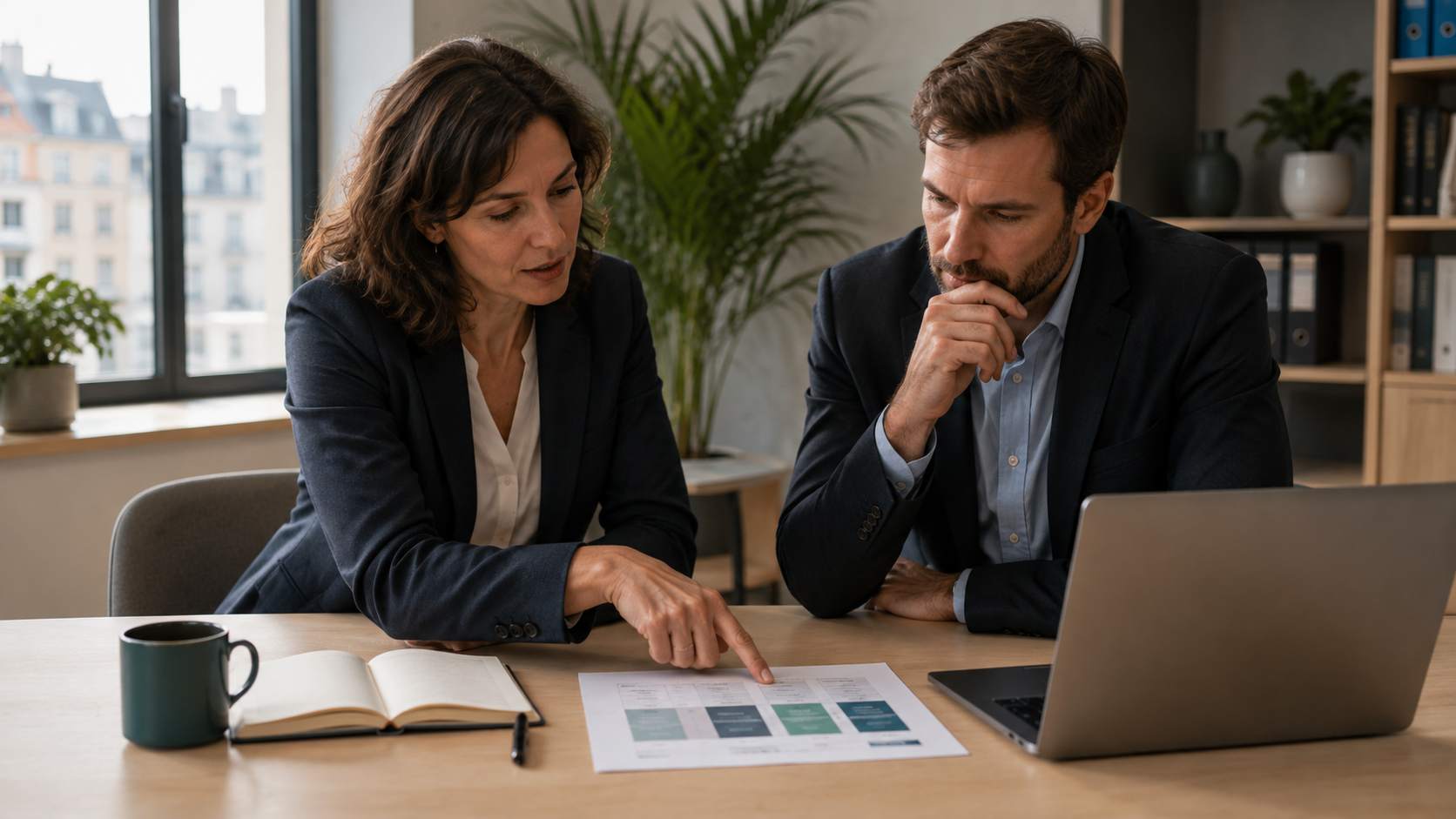 Photo éditoriale : dans un bureau lumineux, deux collaborateurs comparent une grille tarifaire imprimée et un écran d'ordinateur portable, carnet ouvert sur le bureau, lumière naturelle