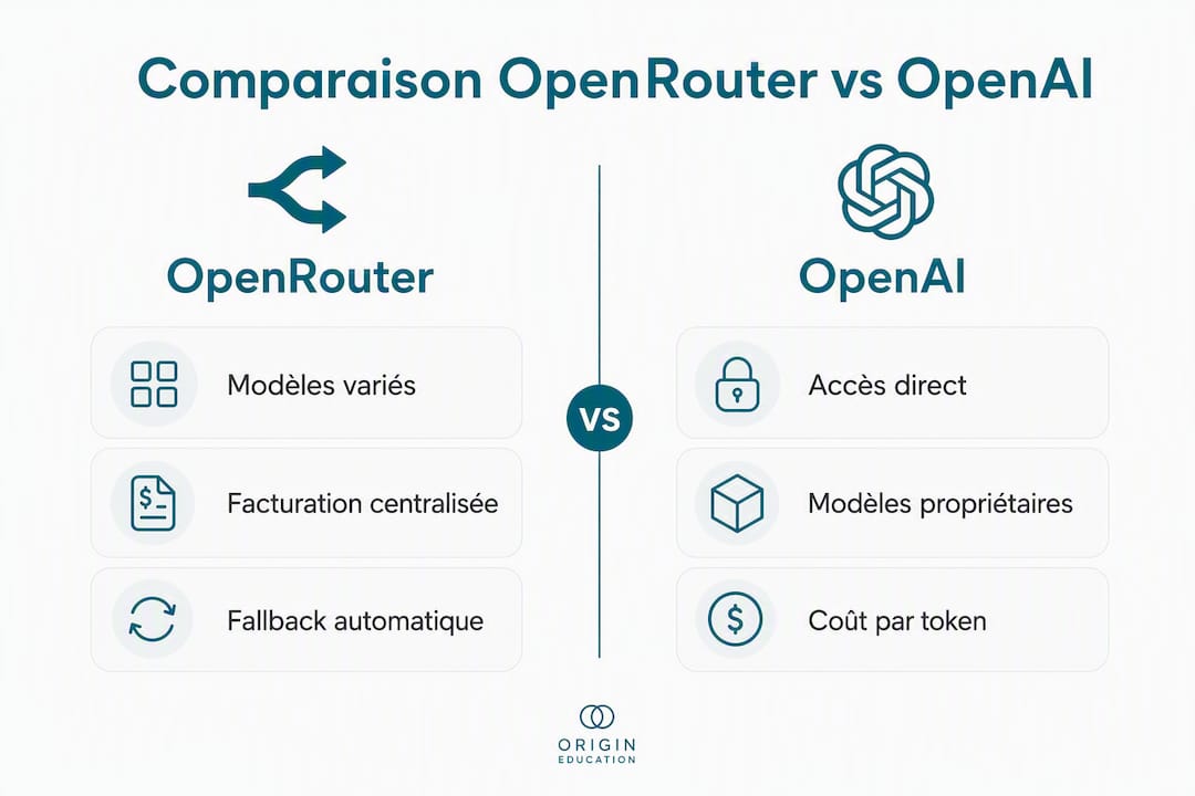 Comparaison OpenRouter vs OpenAI : modèles variés, facturation centralisée et fallback d'un côté ; accès direct, modèles propriétaires et coût par token de l'autre