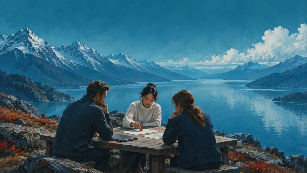 Une équipe étudie des documents devant un fjord bleu
