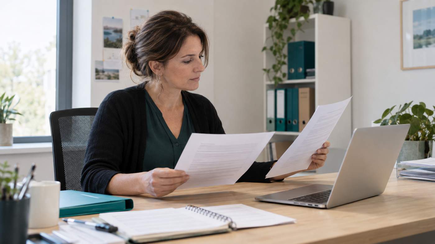 Scène illustrative : une responsable de formation compare des documents à son bureau.