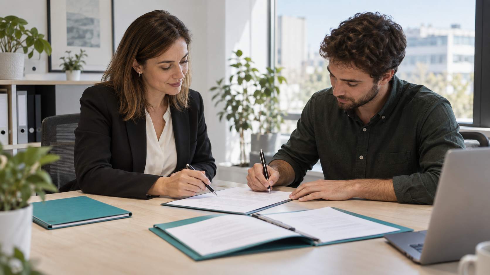 Photo éditoriale : une responsable RH et un salarié signent un accord écrit à un bureau clair, un dossier de convention de formation ouvert à côté, lumière naturelle