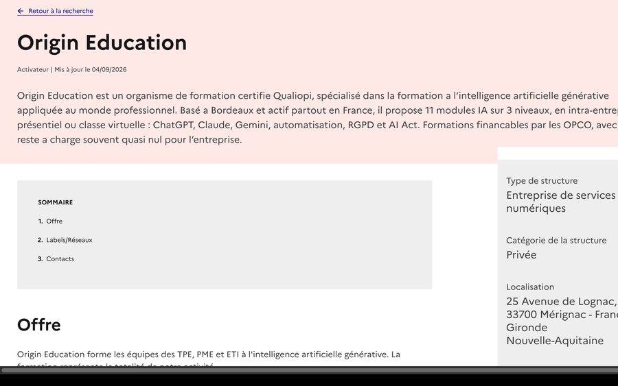 Fiche activateur Origin Education sur francenum.gouv.fr