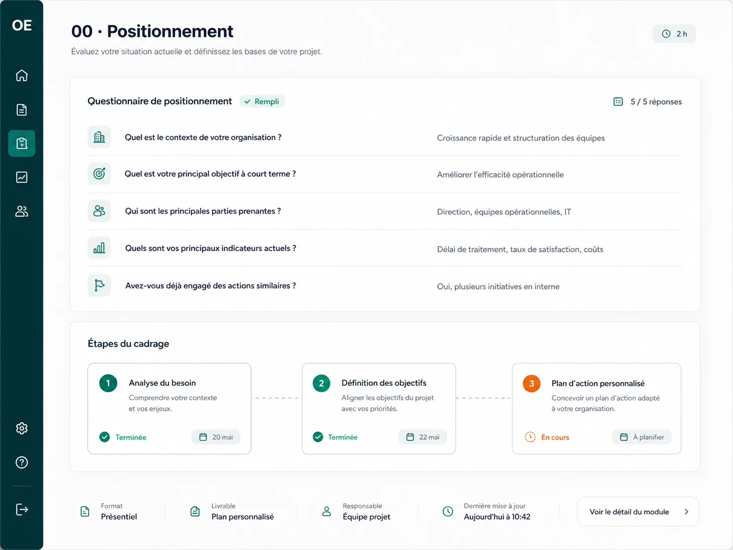 Maquette du questionnaire de positionnement et des trois étapes du cadrage