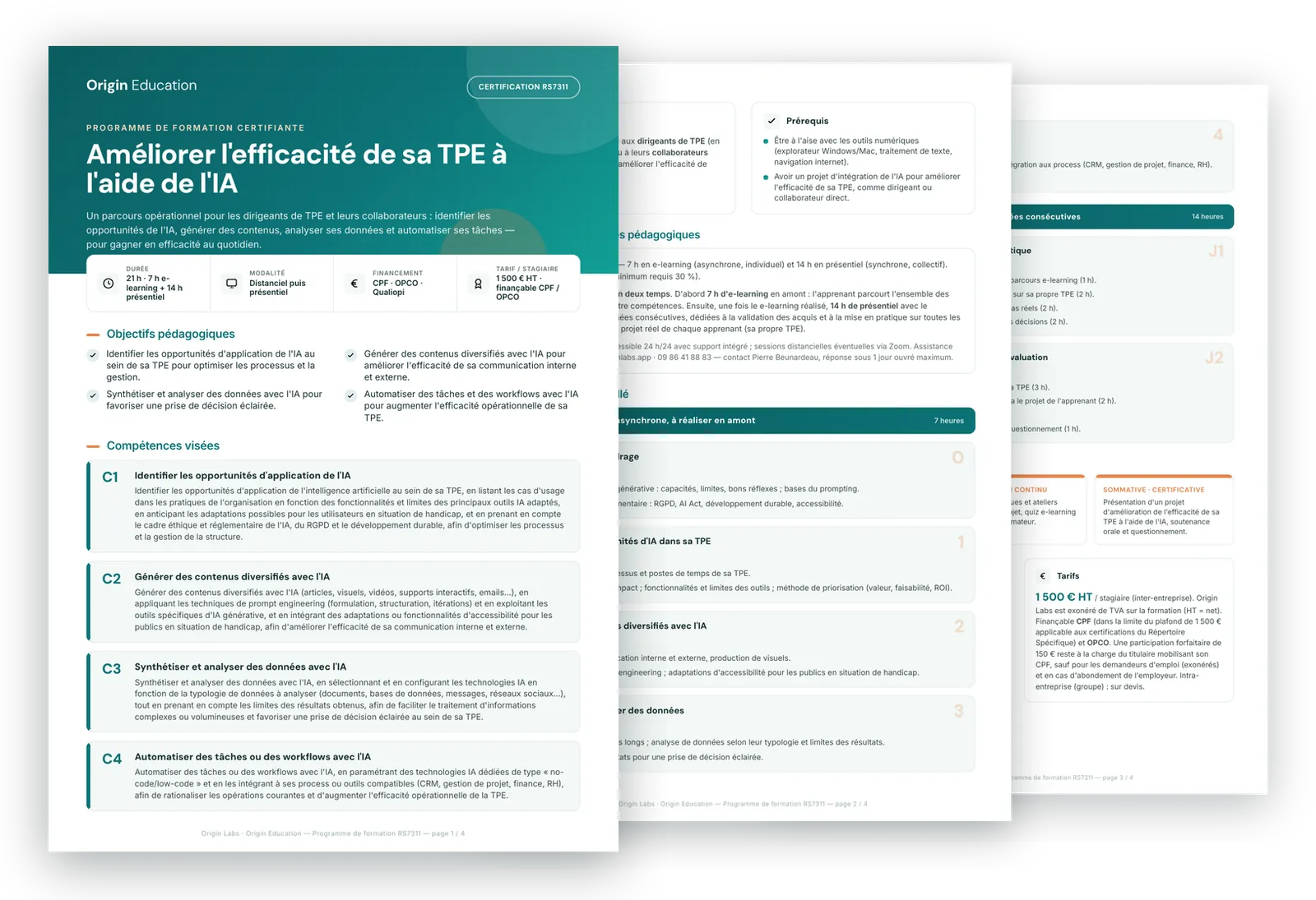 Les quatre pages du programme de formation RS7311, présentées en éventail